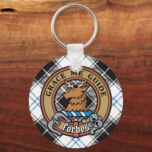 Clan Forbes Crest over jurk Tartan Sleutelhanger (Voorkant)