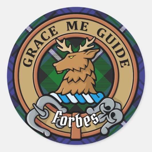 Clan Forbes Crest over Tartan Ronde Sticker (Voorkant)