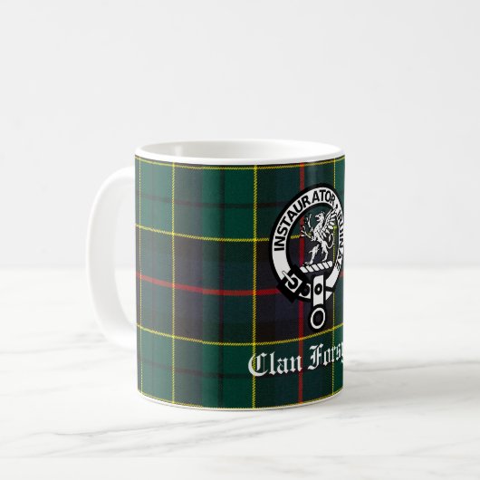 Clan Forsyth Crest Badge en Tartan Koffiemok (Voorkant links)