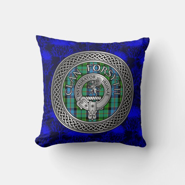 Clan Forsyth Wapen & Tartan Knoop Kussen (Voorkant)