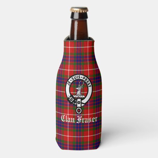 Clan Fraser Crest Badge en Tartan Flesjeskoeler (Fles Voorkant)