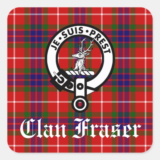 Clan Fraser Crest Badge en Tartan Vierkante Sticker (Voorkant)