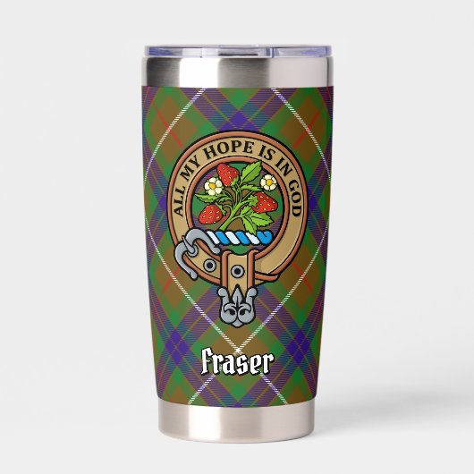 Clan Fraser Crest over jagen Tartan Geïsoleerde Drinkbeker (Voorkant)