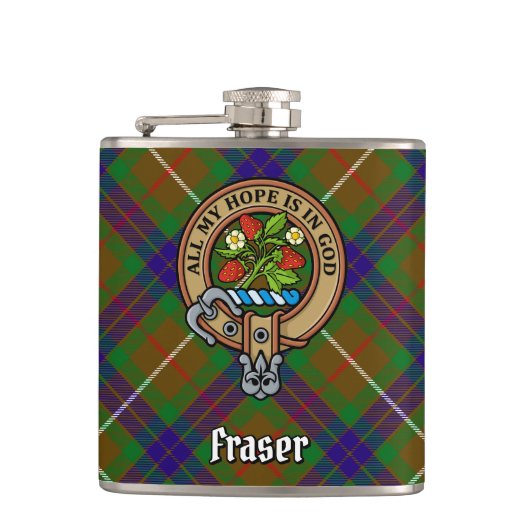 Clan Fraser Crest over jagen Tartan Heupfles (Voorkant)