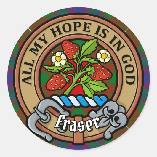 Clan Fraser Crest over Tartan Ronde Sticker (Voorkant)