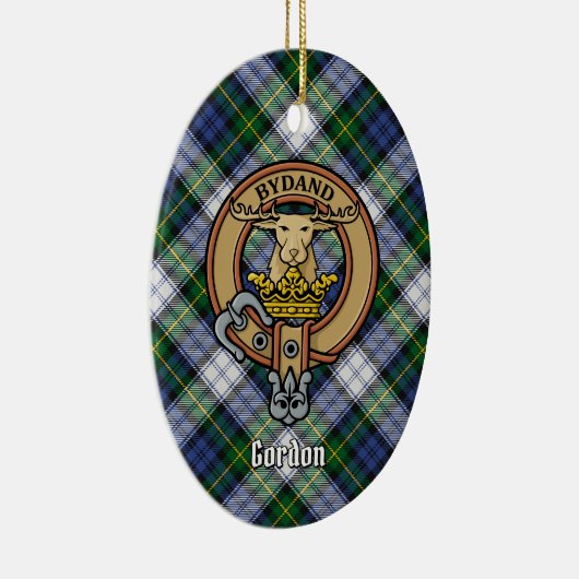 Clan Gordon Crest over Dress Tartan Keramisch Ornament (Rechts)