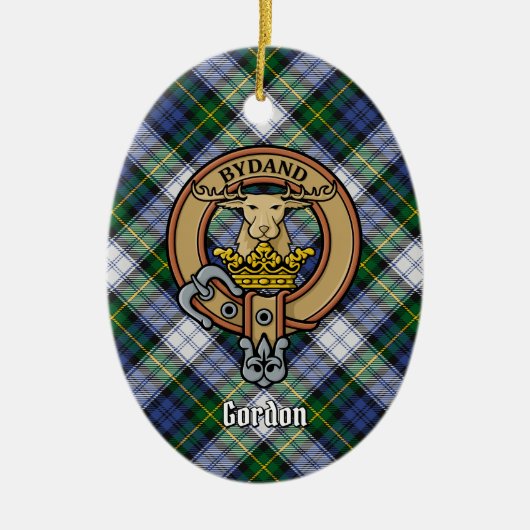 Clan Gordon Crest over Dress Tartan Keramisch Ornament (Voorkant)
