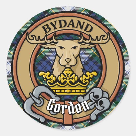 Clan Gordon Crest over Dress Tartan Ronde Sticker (Voorkant)