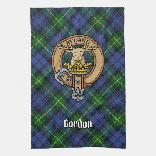 Clan Gordon Crest over Tartan Kitchen Towel Theedoek (Verticaal)
