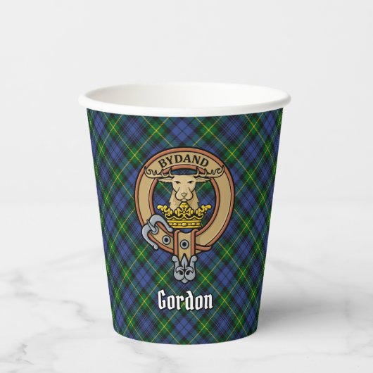 Clan Gordon Crest over Tartan Paper Cups Papieren Bekers (Voorkant)