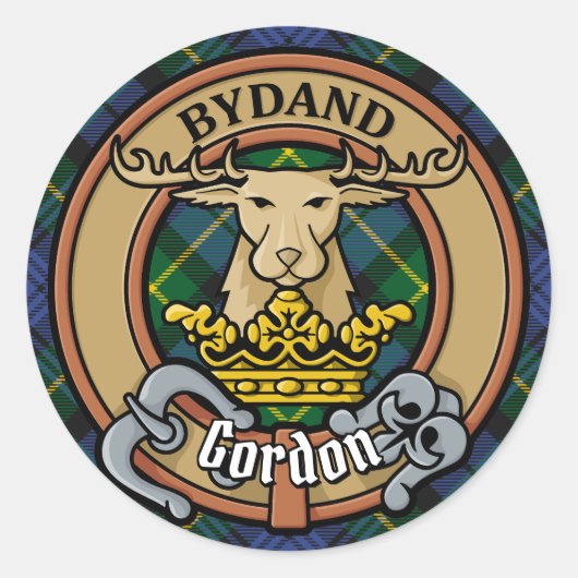 Clan Gordon Crest over Tartan Ronde Sticker (Voorkant)