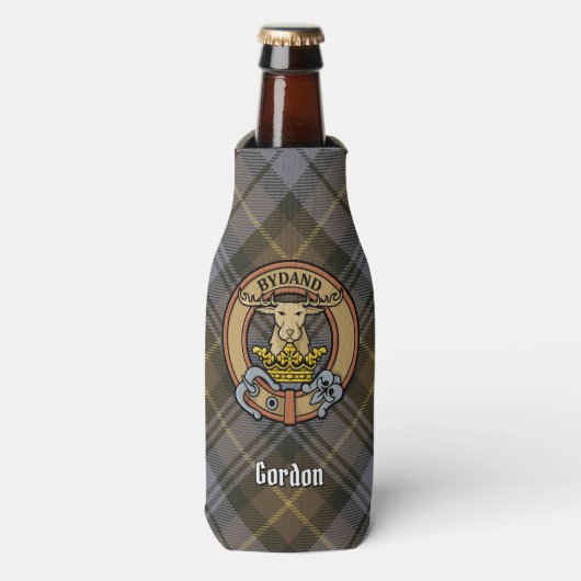 Clan Gordon Crest over Weathered Tartan Flesjeskoeler (Fles Voorkant)