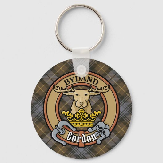 Clan Gordon Crest over Weathered Tartan Sleutelhanger (Voorkant)