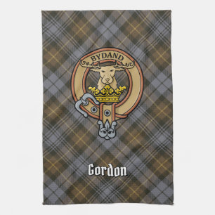 Clan Gordon Crest over Weathered Tartan Theedoek
