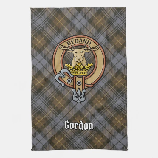 Clan Gordon Crest over Weathered Tartan Theedoek (Verticaal)