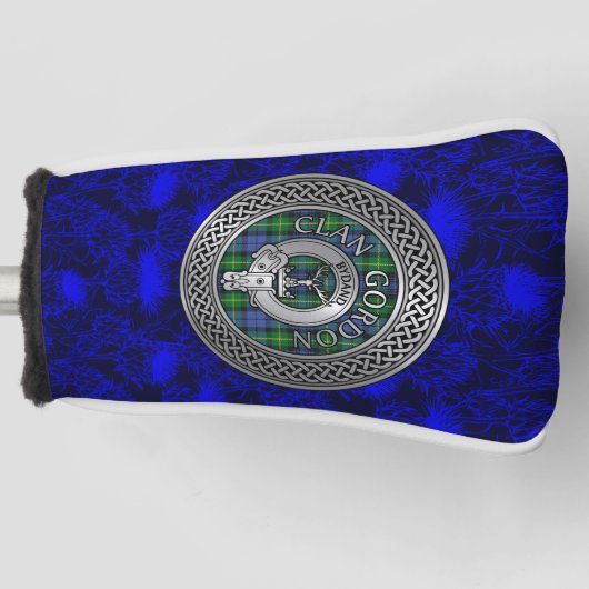 Clan Gordon Crest & Tartan Knot op Thistle Golfheadcover (Voorkant)