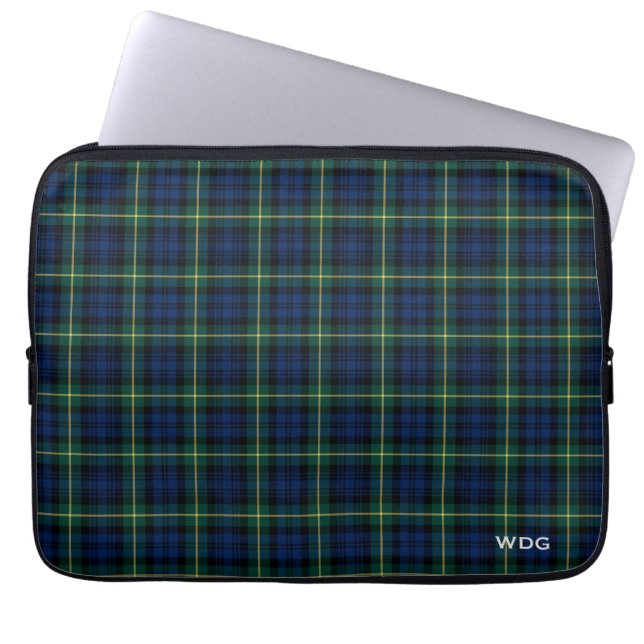 Clan Gordon Tartan Blue Plaid Monogrammed Laptop Sleeve (Voorkant)