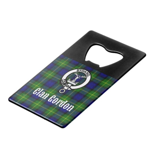 Clan Gordon Tartan Crest Creditkaart Flessenopener (Voorkant Gekanteld)
