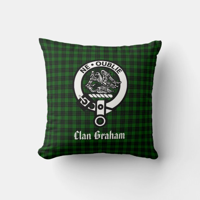Clan Graham Crest Badge en Tartan Kussen (Voorkant)