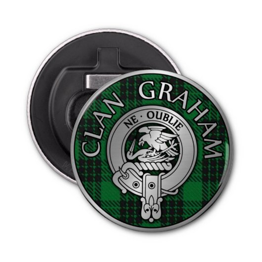 Clan Graham Crest en Tartan Button Flesopener (Voorkant)