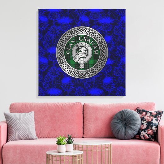 Clan Graham Crest en Tartan Knot op Thistle Canvas Afdruk (Insitu (Woonkamer))