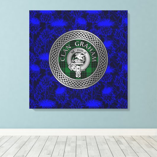 Clan Graham Crest en Tartan Knot op Thistle Canvas Afdruk (Insitu (Houten vloer))