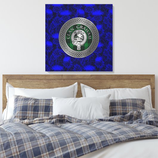 Clan Graham Crest en Tartan Knot op Thistle Canvas Afdruk (Insitu (Slaapkamer))