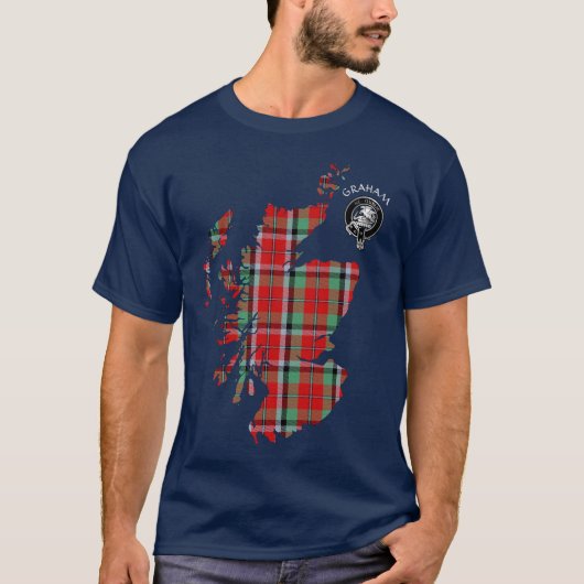Clan Graham Red Tartan Map & Crest T-Shirt (Voorkant)