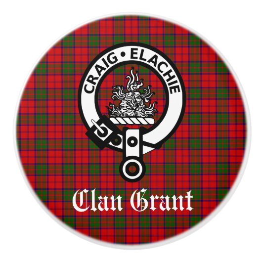 Clan Grant Crest Badge en Tartan Keramische Knop (Voorkant)