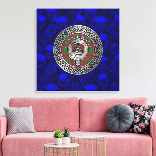 Clan Grant Crest & Tartan Knot op Thistle Canvas Afdruk (Insitu (Woonkamer))