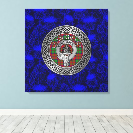 Clan Grant Crest & Tartan Knot op Thistle Canvas Afdruk (Insitu (Houten vloer))
