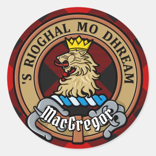 Clan Gregor Crest over Rob Roy Tartan Ronde Sticker (Voorkant)