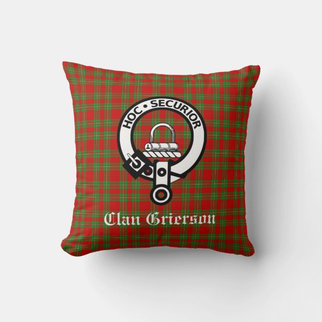 Clan Grierson Crest Badge & Tartan Kussen (Voorkant)