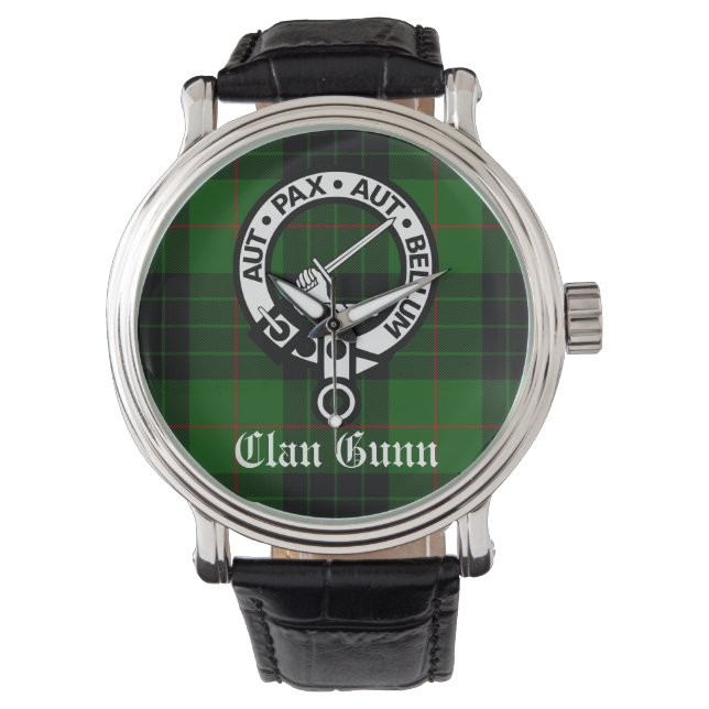 Clan Gunn Crest Badge en Tartan Horloge (Voorkant)