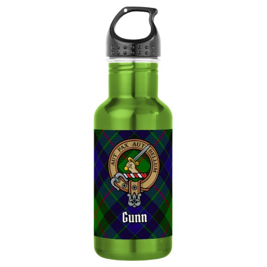 Clan Gunn Wapen over tartan Waterfles (Voorkant)