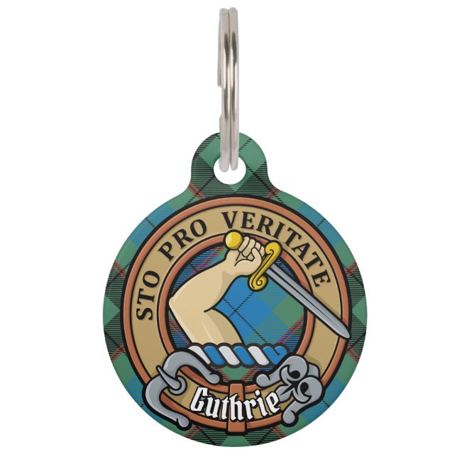 Clan Guthrie Crest over Tartan Huisdierpenning (Voorkant)