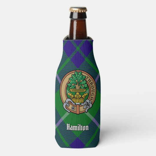 Clan Hamilton Crest over jagen Tartan Flesjeskoeler (Fles Voorkant)