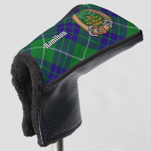 Clan Hamilton Crest over jagen Tartan Golfheadcover (3/4 voorkant)