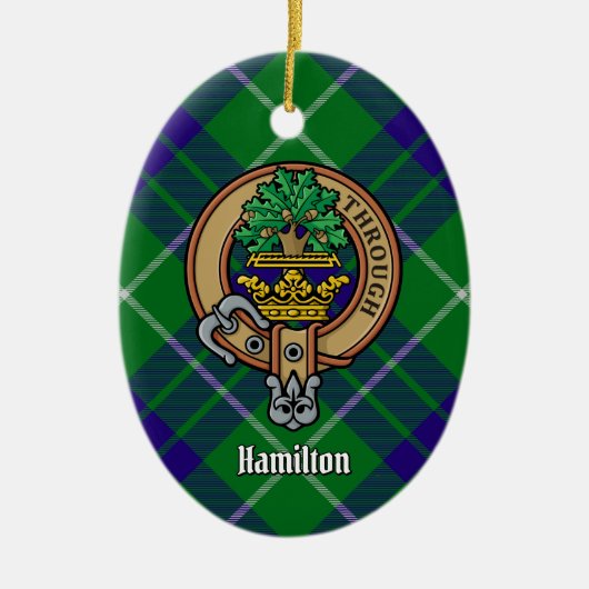 Clan Hamilton Crest over jagen Tartan Keramisch Ornament (Voorkant)