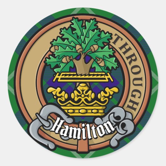 Clan Hamilton Crest over jagen Tartan Ronde Sticker (Voorkant)