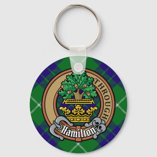 Clan Hamilton Crest over jagen Tartan Sleutelhanger (Voorkant)