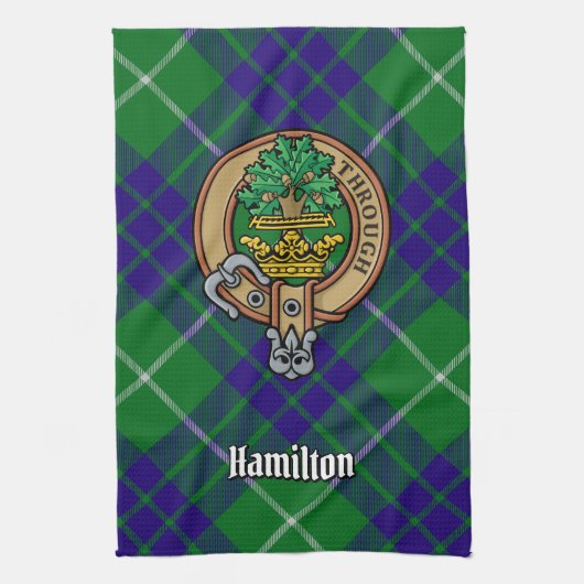 Clan Hamilton Crest over jagen Tartan Theedoek (Verticaal)