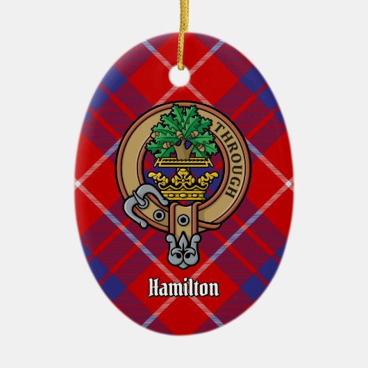 Clan Hamilton Crest over Red Tartan Keramisch Ornament (Voorkant)