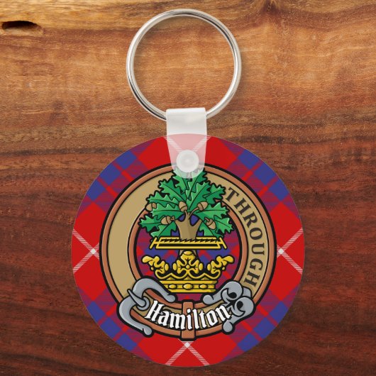 Clan Hamilton Crest over Red Tartan Sleutelhanger (Voorkant)
