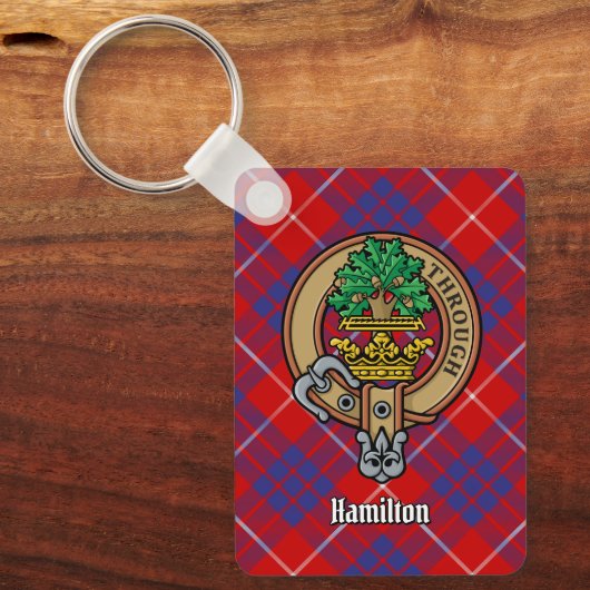 Clan Hamilton Crest over Red Tartan Sleutelhanger (Voorkant)