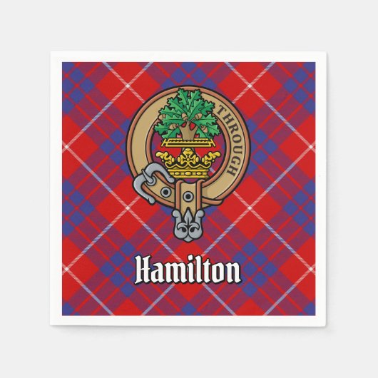 Clan Hamilton Crest over Rode Tartan Servet (Voorkant)