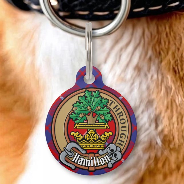 Clan Hamilton Crest over rood tartan Huisdierpenning (Creator heeft geüpload)