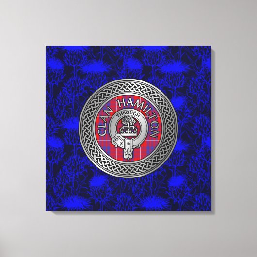 Clan Hamilton Crest & Tartan Knot op Thistle Canvas Afdruk (Voorkant)