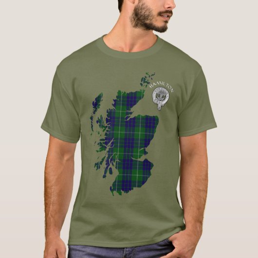 Clan Hamilton Hunting Tartan Map & Crest T-shirt (Voorkant)