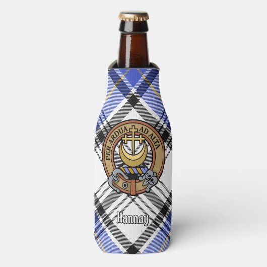 Clan Hannay Crest over Tartan Flesjeskoeler (Fles Voorkant)